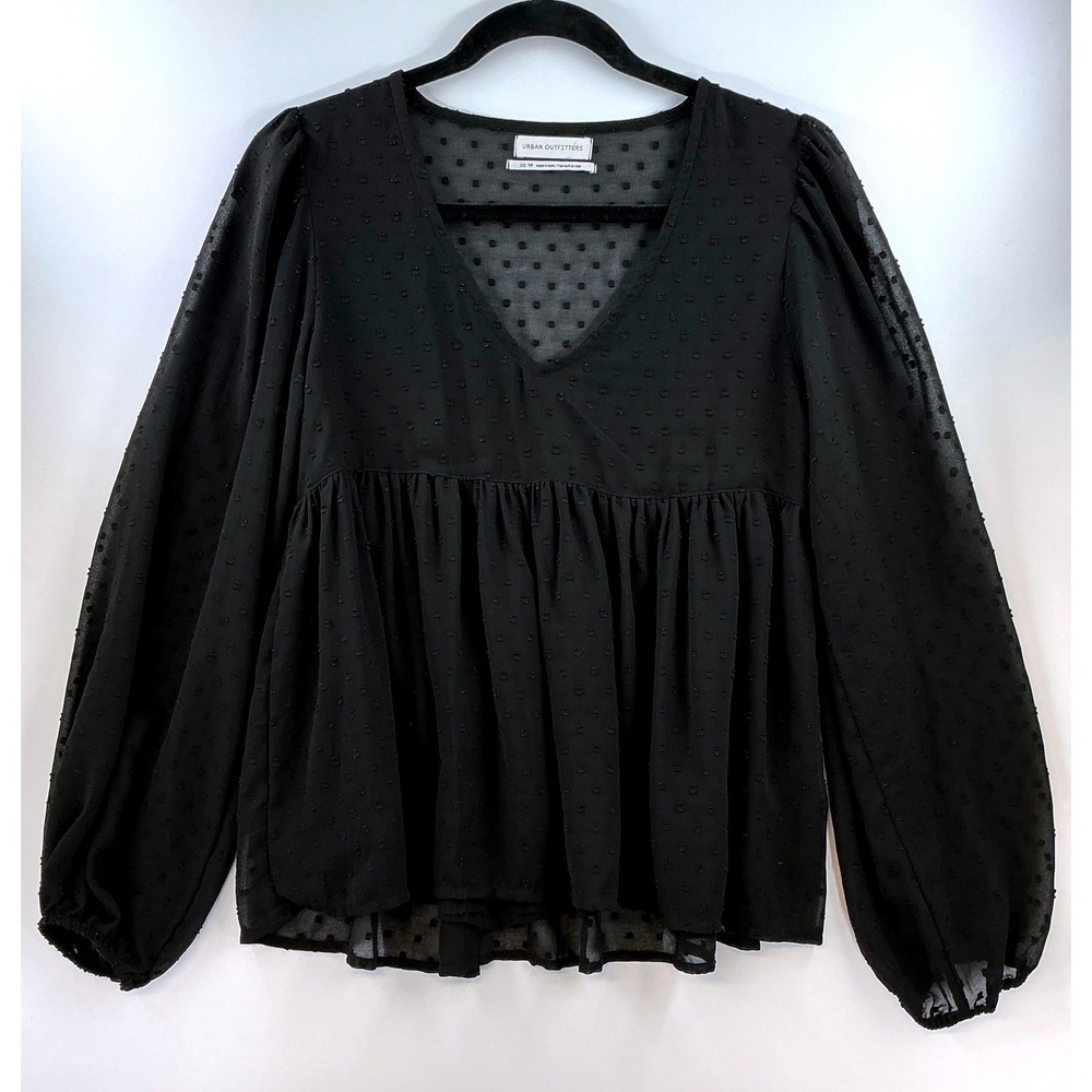 Urban Outfitters Black Swiss Dot Sheer Babydoll Blouse Sz XS Goth Coquette